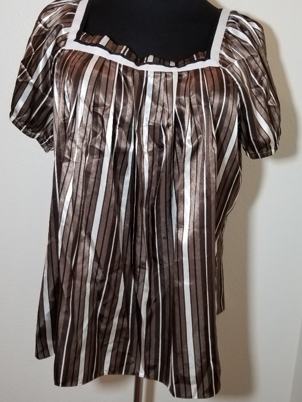 Lane‎ Bryant Brown Striped Puff Sleeve Blouse Sz 22/24 Boho Hippie Retro Peasant